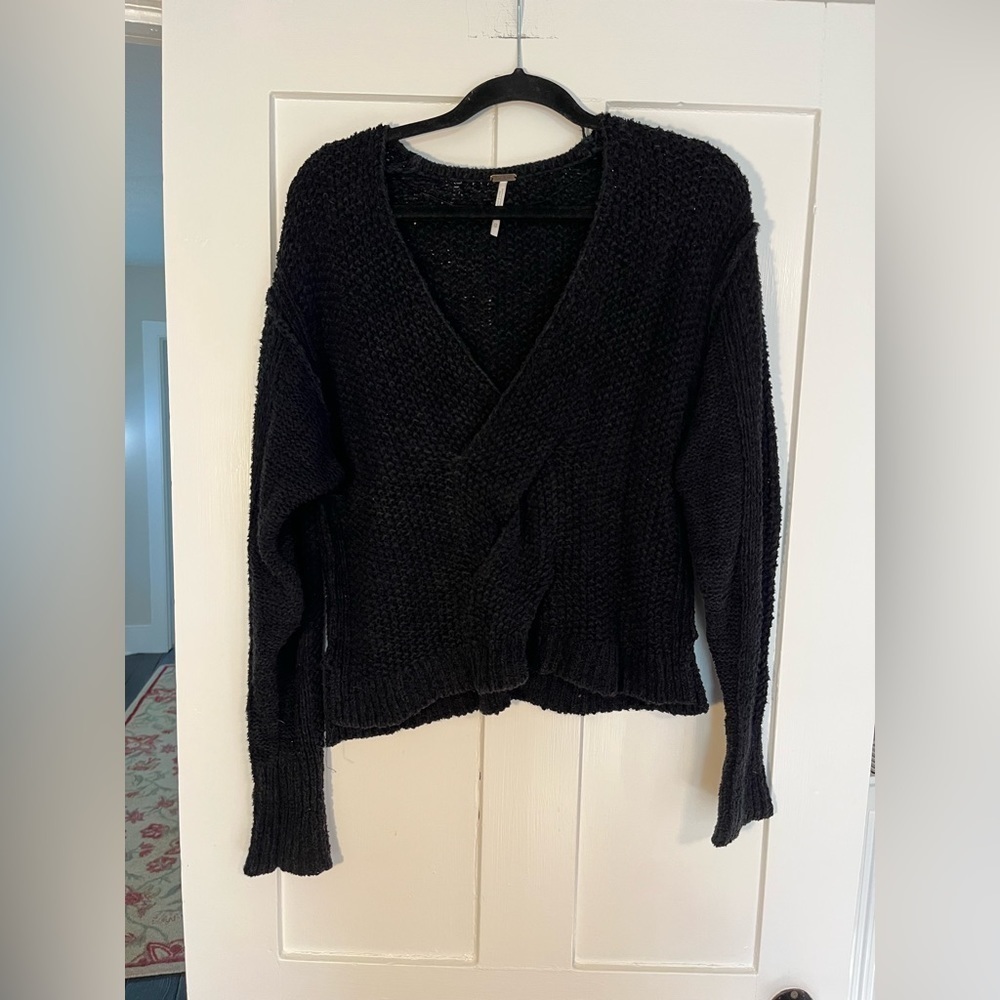 Free People Black Knit Cotton V-neck Sweater XS